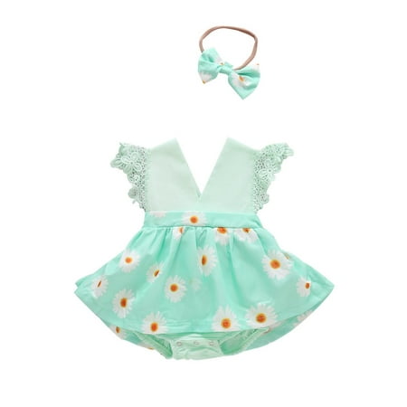 

GRNSHTS Infant Baby Girl Romper + Headband Daisy Sleeveless Lace Newborn Jumpsuit Sets Green 6-12 Months