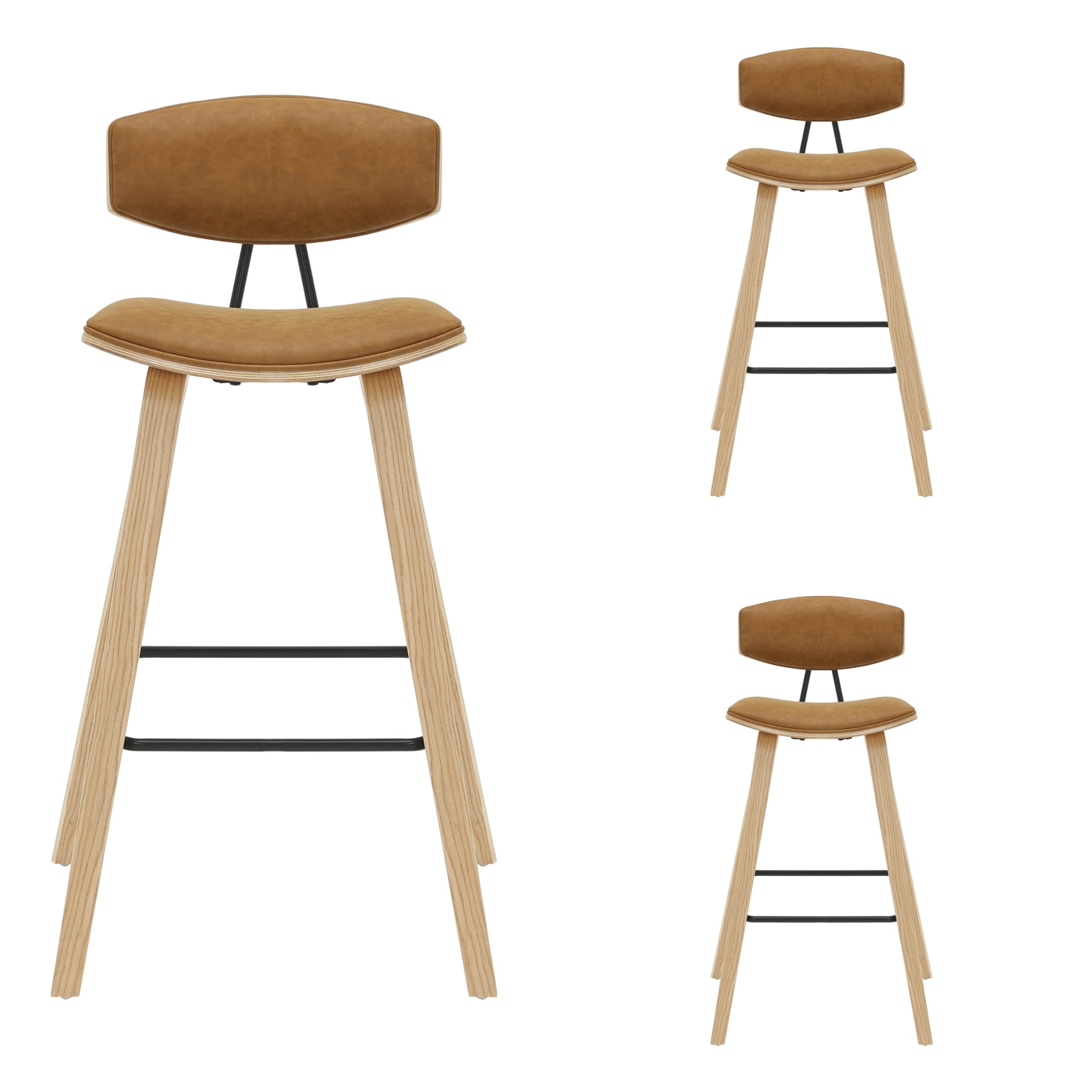 Fox 38 in. H Bar Height Camel Curved Back Wood Bar Stool with Faux Leather Seat Set of 3