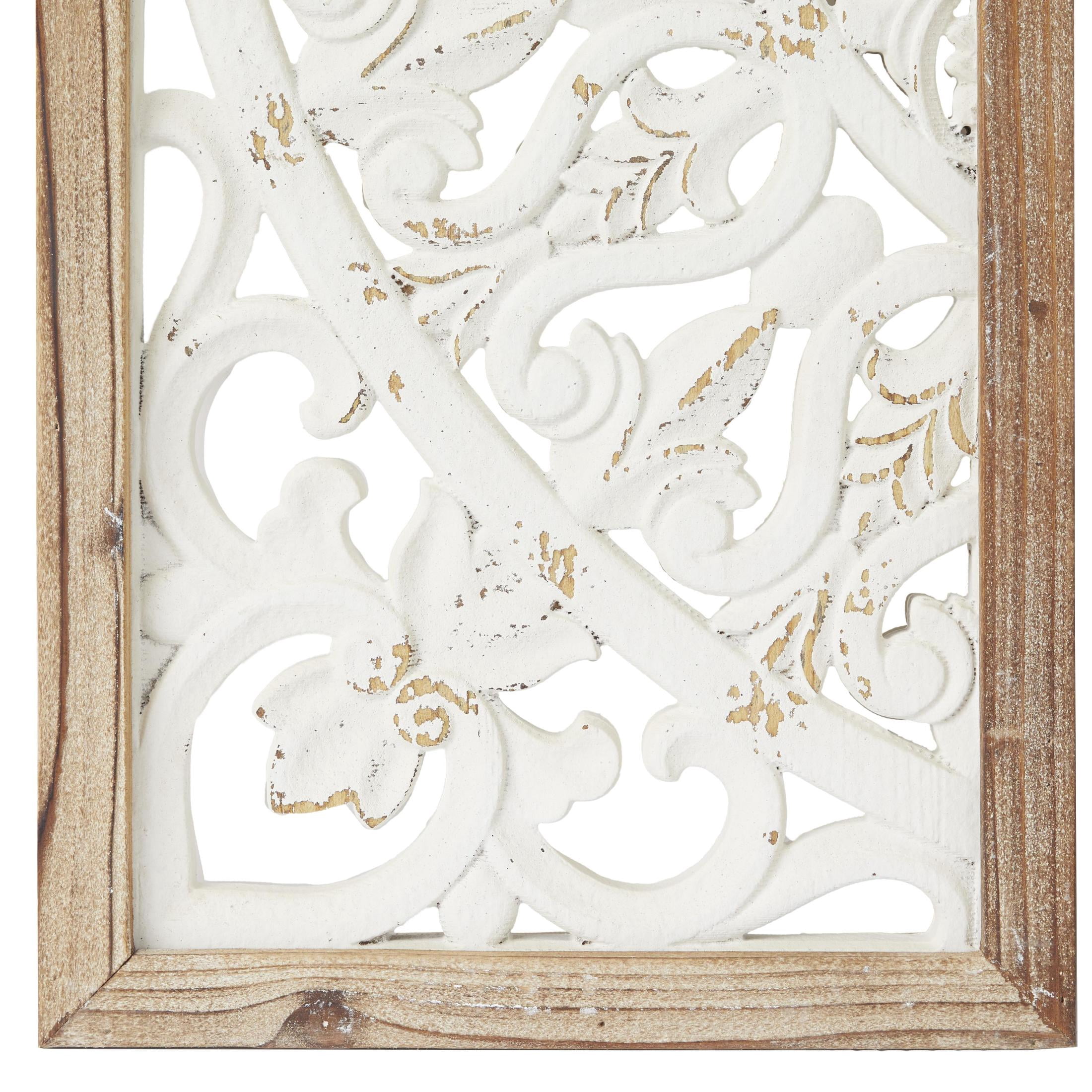 DecMode White Wood Intricately Carved Floral Wall Decor with Mandala Design (3 Count)