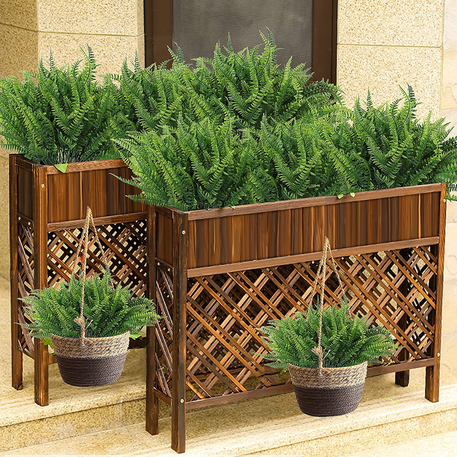 Asisol 8Pcs Artificial Boston Fern Plants Outdoor UV Resistant Artificial Shrubs Greenery Fake Leaves Plants Bushes Office Porch Garden Outdoor Decor (Green)