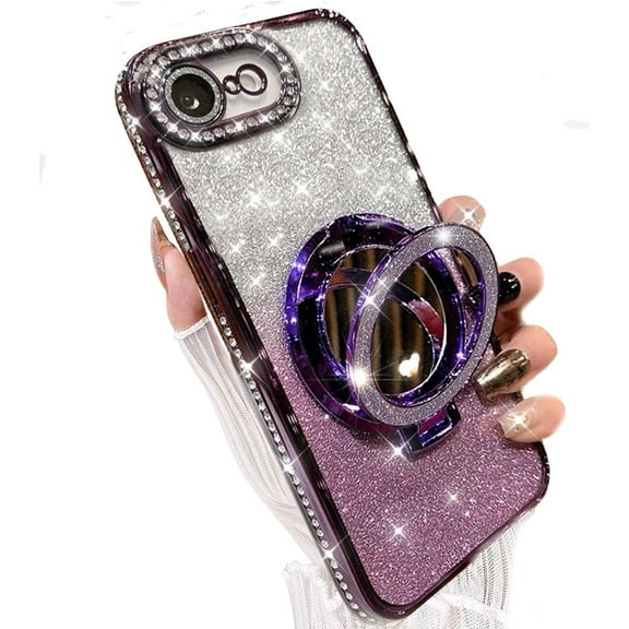 for iPhone 16e Case with Magnetic Kickstand, [Compatible with Magsafe] Girls Women Shockproof Glitter Ring Holder & Makeup Mirror Camera Protector Cute Bling Case for iPhone 16e 6.1", Purple
