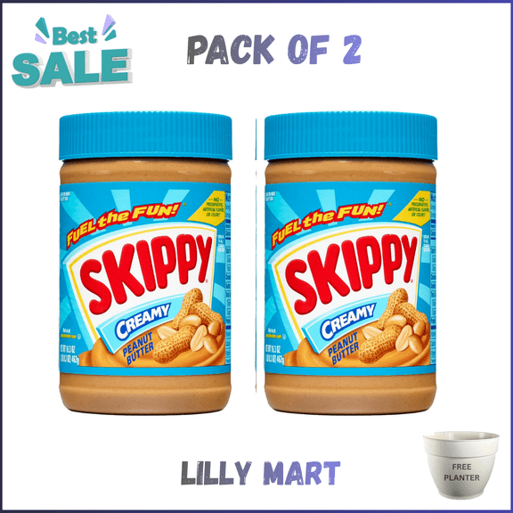 SKIPPY Peanut Butter, Creamy, Plastic Jar 16.3 oz pack of 2