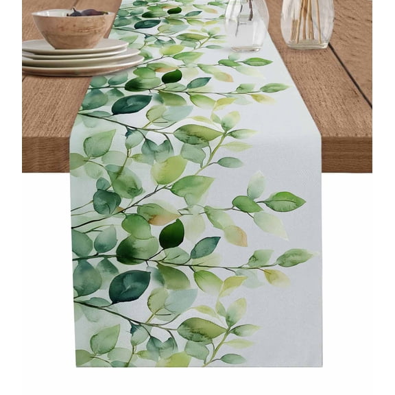 Green Leaves Table Runner 48 Inches, Watercolor Rustic Spring Branch Plants Bed Runner Dresser Scarves Tabletop for Indoor Outdoor Parties/Ceremony/Banquet, 13" x 48"