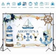 thumbnail image 4 of Ahoy It's A Boy Backdrop for Boys Nautical Ocean Lighthouse Ship Anchor Baby Shower Background Seagull Coral Seashell Starfish Conch Baby Shower Party Decorations Banner Photo Booth Props, 4 of 6