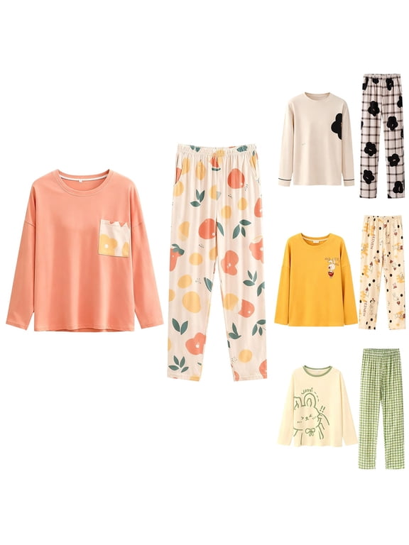Printed Fleece Pajama Set for Women Long Sleeve Sleepwear Top and Pants Soft Warm Loungewear 2 Piece Cozy Winter Nightwear with Adjustable Waist Comfy Pjs S-XXL, Orange,L