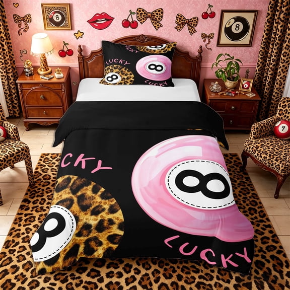 Castle Fairy Vintage Billiards Twin Duvet Cover, Leopard Print Billiards Twin Bedding, Pink Brown Black,Black Reversible,2pcs,1 Duvet Cover and 1 Pillowcase