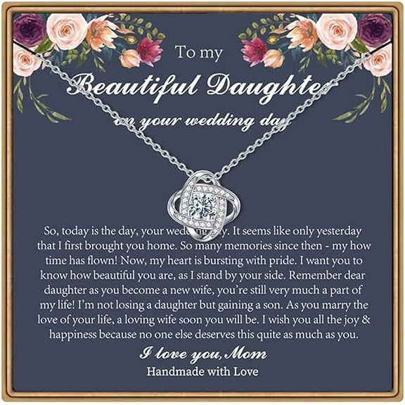 Wedding Gift To My Daughter, Love Knot Necklace for Daughter from Mom on Her Wedding Day, Zircon Necklace for Her, Necklace Gift Daughter from Mother with Message Card and Gift Box