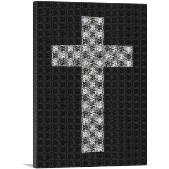 ARTCANVAS Black Gray Christian Church Jewel Cross Pixel Canvas Art Print - Size: 12" x 8" (0.75" Deep)
