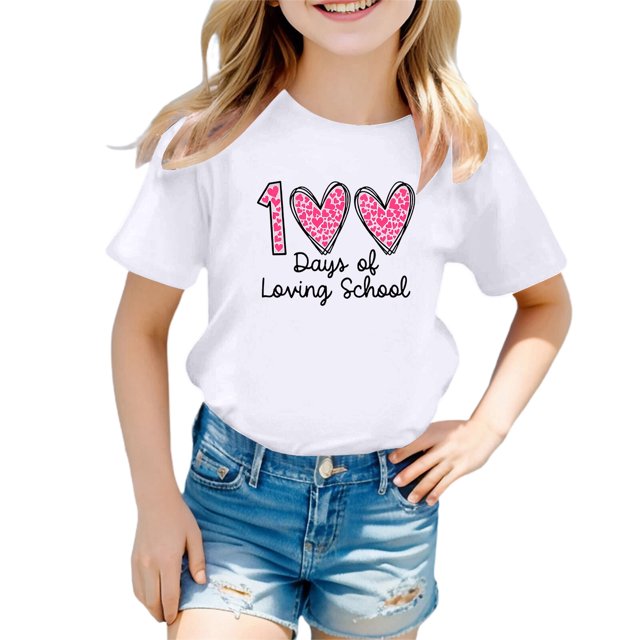 LUOGENLI T-Shirt pour Filles Enfants Mode Décontractée Imprimé Col Rond Ample Manche Courte T-Shirt Haut Chemises pour Filles Tendance Blanc 10-11 Ans