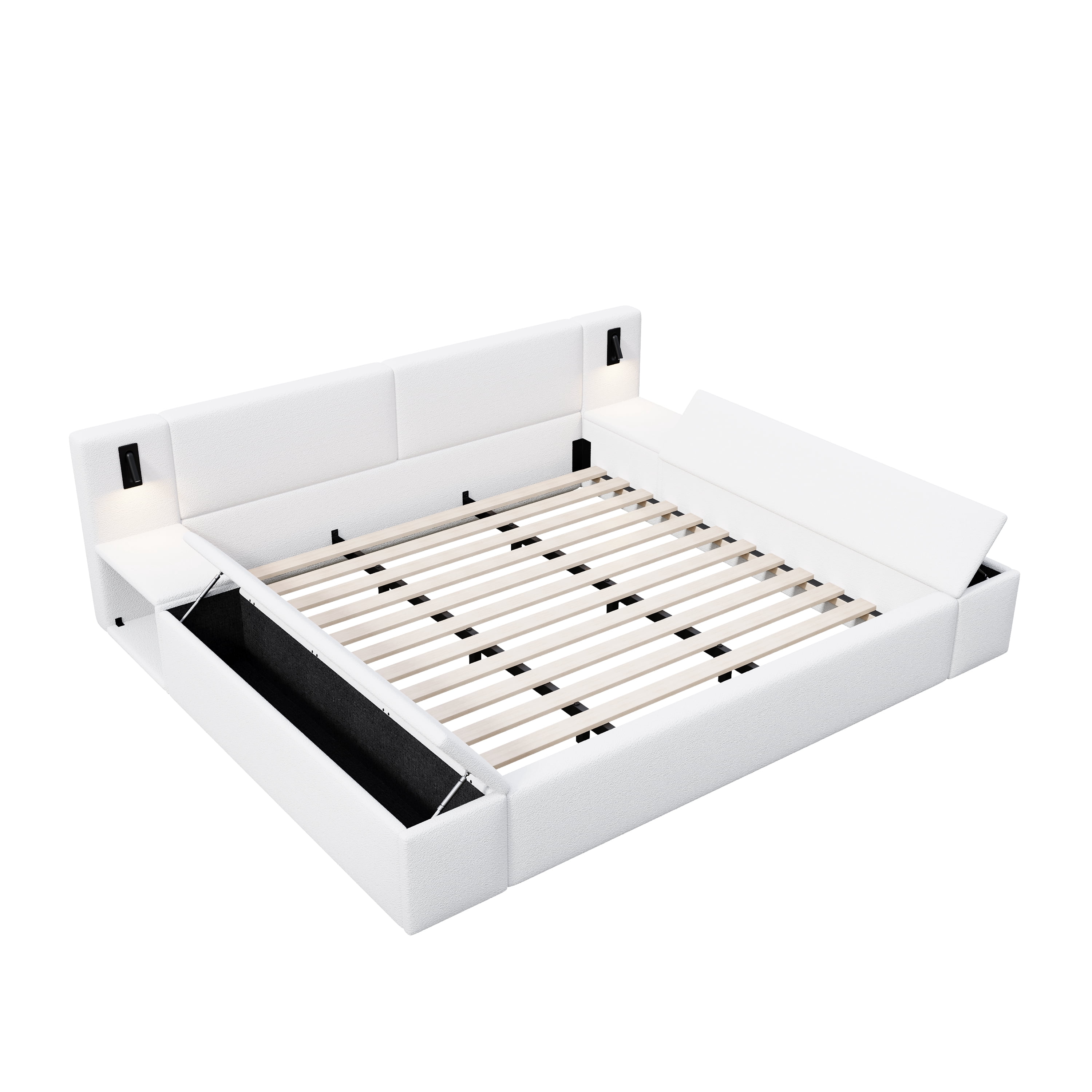 King Size Platform Bed w/ Hidden Storage, Built-in Nightstands, Reading Lights, No Box Spring Needed