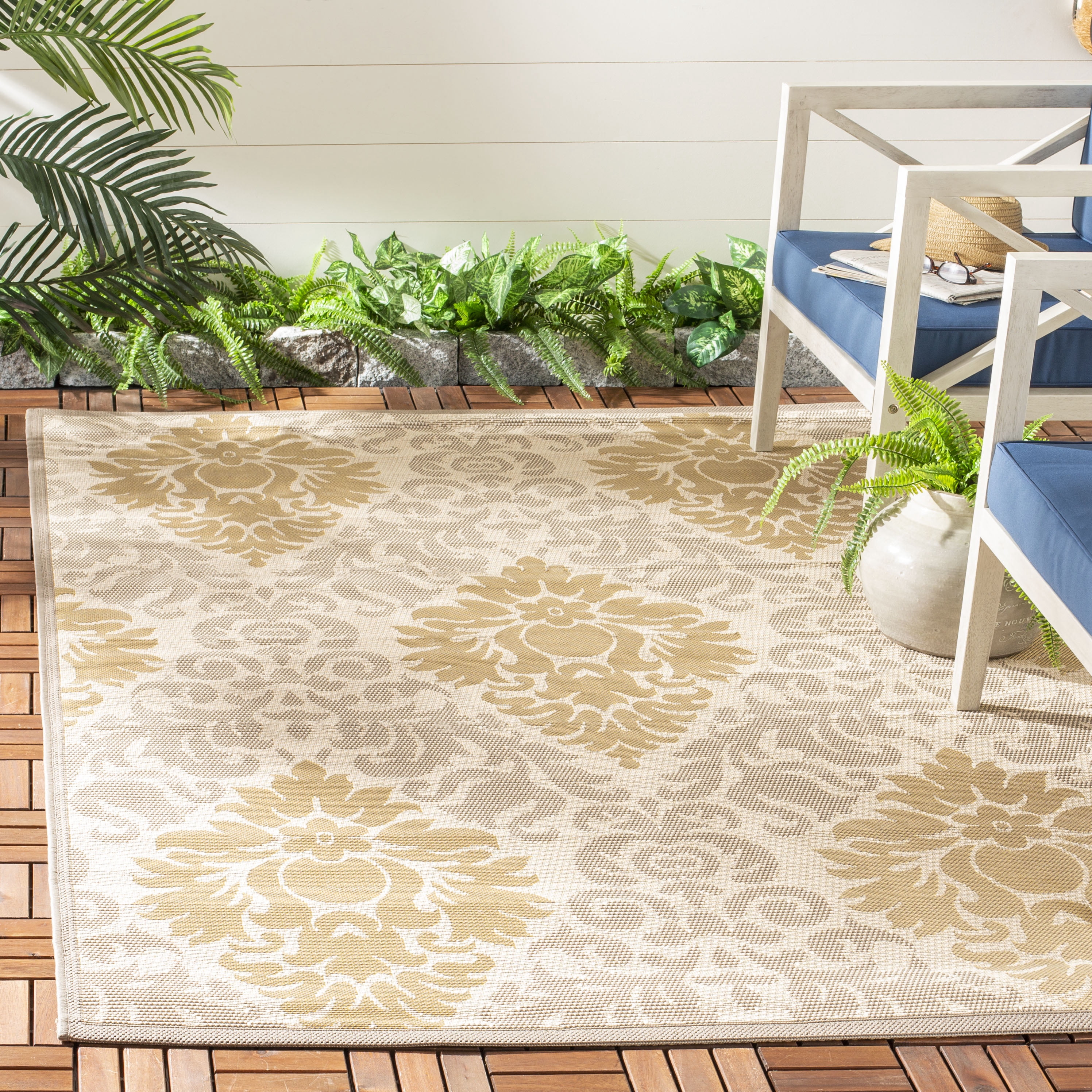 Safavieh Courtyard Jennifer Damask Indoor/Outdoor Area Rug, Dark Beige/Beige, 6'7" x 9'6"