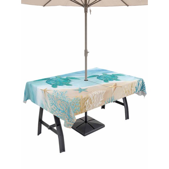 Outdoor Tablecloth with Umbrella Hole for Patio/Picnic/Party/Camping, Teal Blue Turtle Coastal Waterproof Table Cloth Rectangle Table Cover Washable, Waves Seaside Summer Beach Ocean (60"x 84")