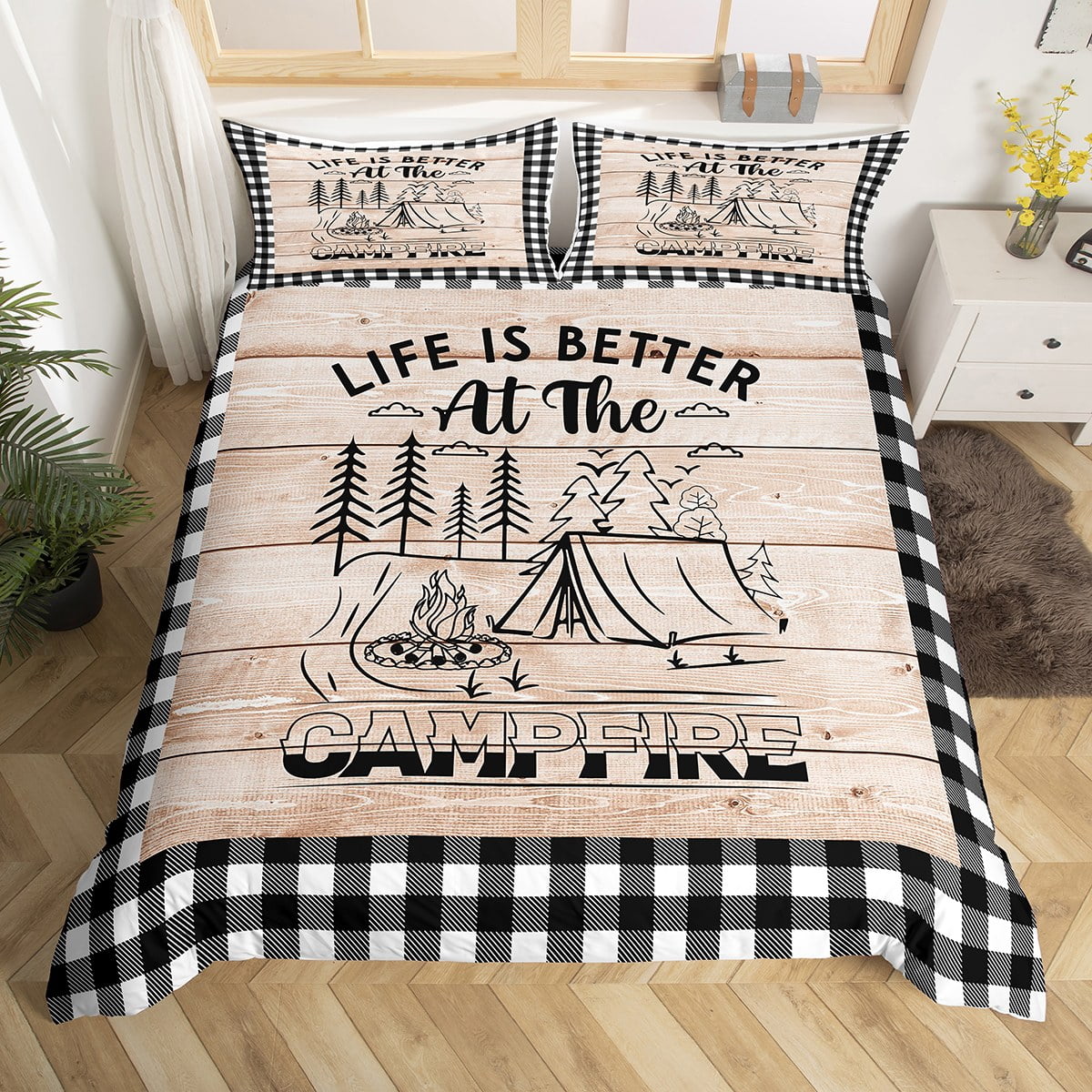 Kids Camper Comforter Cover Queen Size Happy Camping Bedding Set for