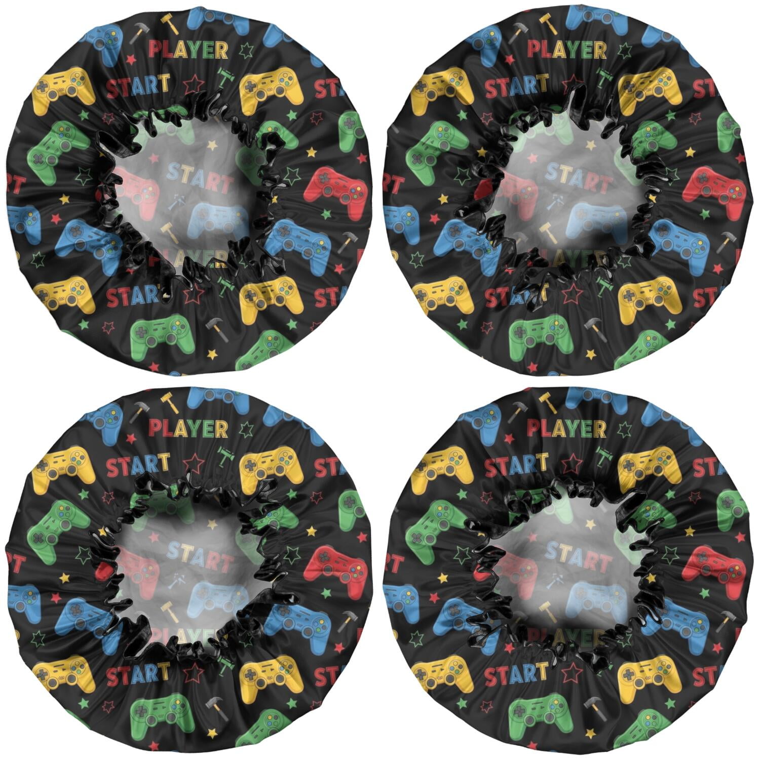 Shower Caps,Multicolor Controllers Games Text Black Pattern Waterproof Shower Cap for Women 4 Pieces,Double Reusable Hair Cover for Shower PEVA Elastic Stretch Hem