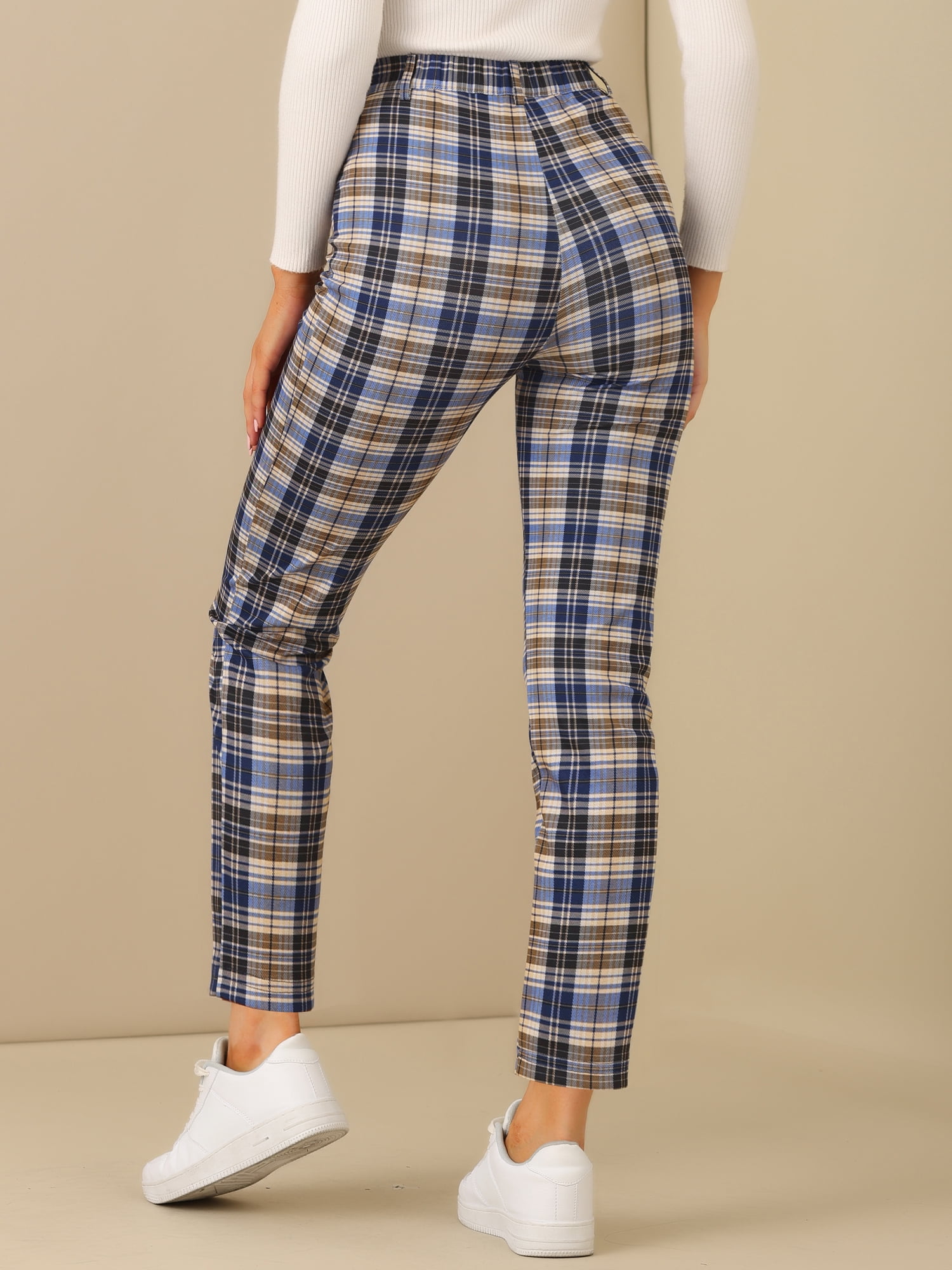 DARING DIVA Women's Plaid Trousers Button Tartan Check Work Pants S Blue