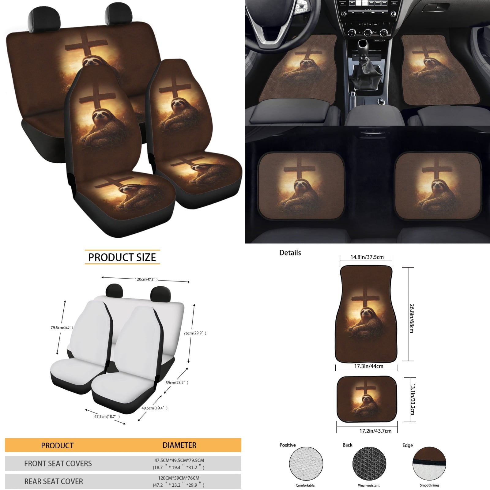 Yuyamidu Sloth Car Seat Covers Full Set of 15 Cross Car Floor Mats Auto Steering Wheel Cover Seatbelt Covers Handbrake Sets Cup Coasters Brown Auto Accessory Decor