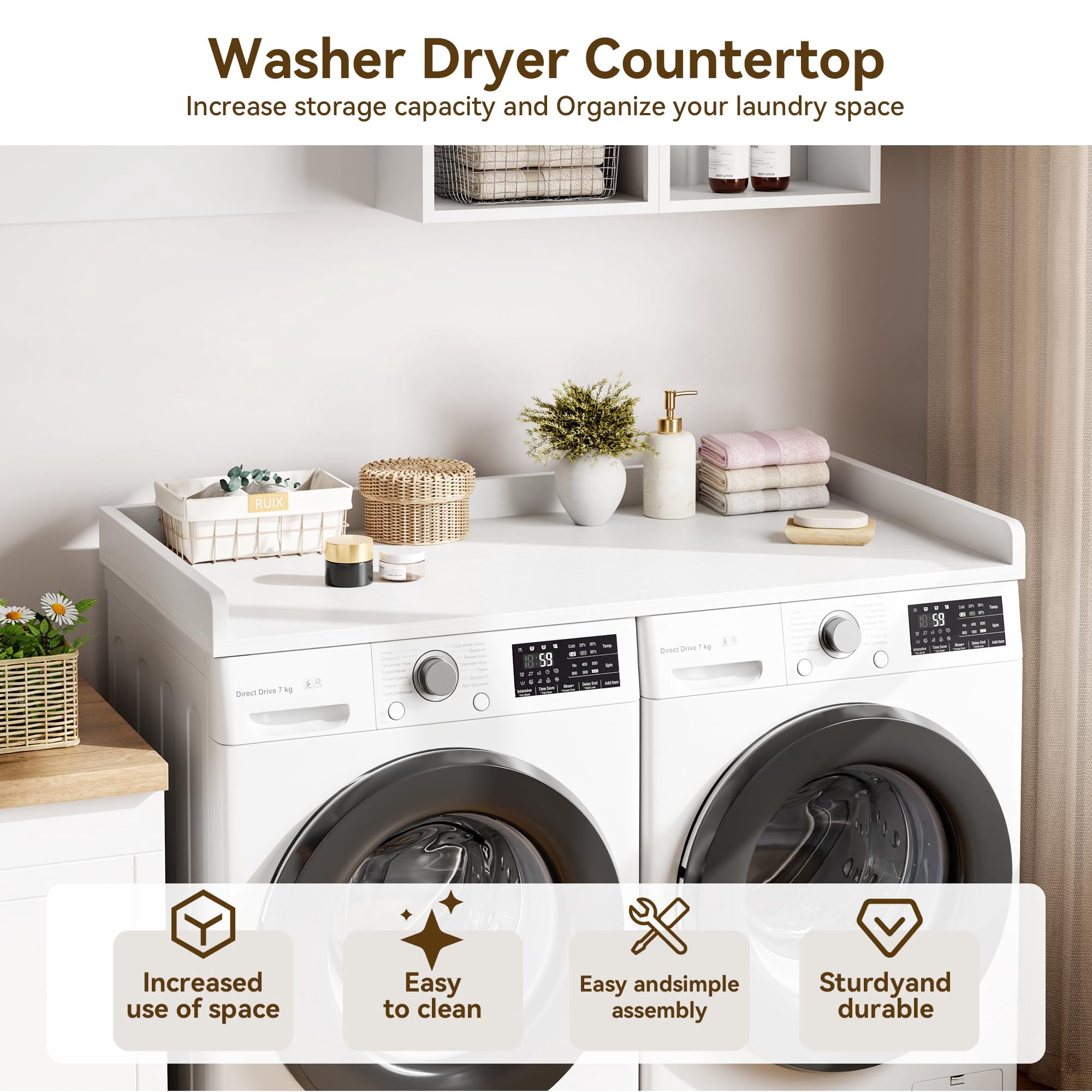 PYY Washer Dryer Countertop, 54.3" x 27.6" Wooden Laundry Countertop with Edge Rails, Washer and Dryer Topper for Laundry Room Organization and Storage, White
