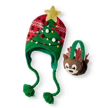 Holiday Time Festive Christmas Tree Hat and Reindeer Earwarmer 2-Piece Set