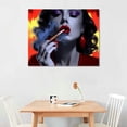 thumbnail image 2 of Acheng Fashion Canvas Prints Woman Smoking Wall Art Sexy Red Lips with Burning Money Dollars Paintings Abstract Poster for Bar Art Toilet Bathroom Walls Decor Ready to Hang 16x12in, 2 of 6