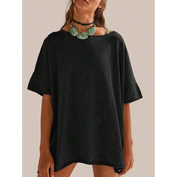 Women Crew‑Neck Oversized Short‑Sleeve T‑Shirt, Loose Drop‑Shoulder Side‑Slit Hem Casual Summer Tunic Blouse Tops
