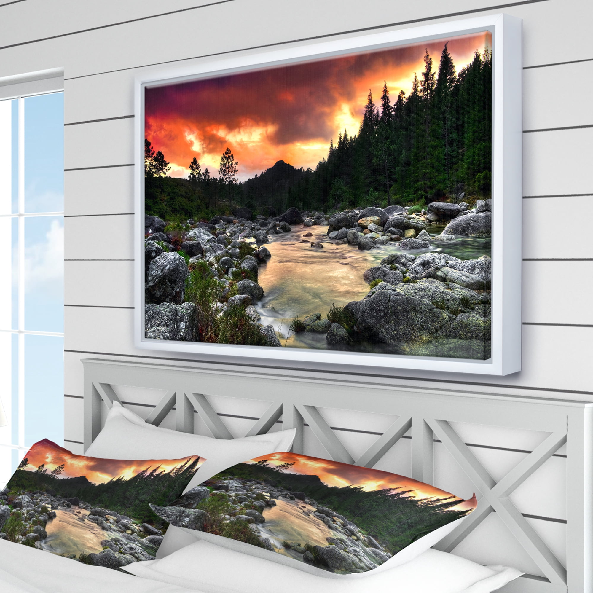 Designart ' Rocky Mountain River at Sunset ' Landscape Framed Canvas Art