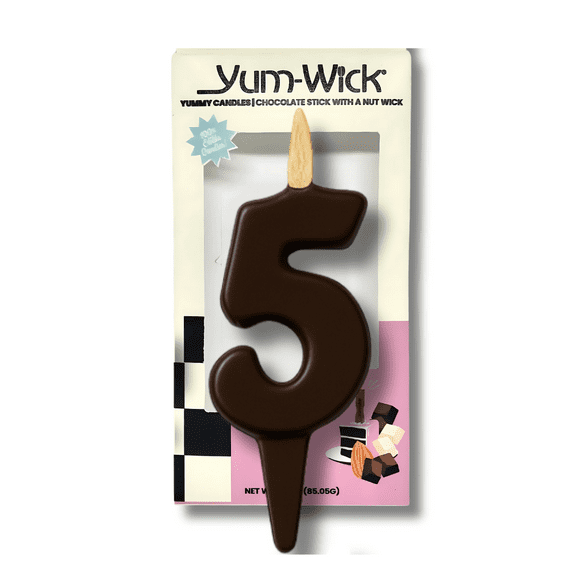 Yum-Wick® Vegan Dark Chocolate Number 5 Candle – Kosher, 100% Edible, Zero-Waste, Dairy-Free – Birthday & Anniversary Cake Topper