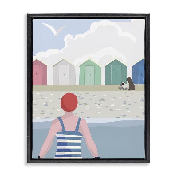 Stupell Industries Beach Huts View Nautical & Beach Painting Black Floater Framed Canvas Art Print Wall Art, 17 x 21