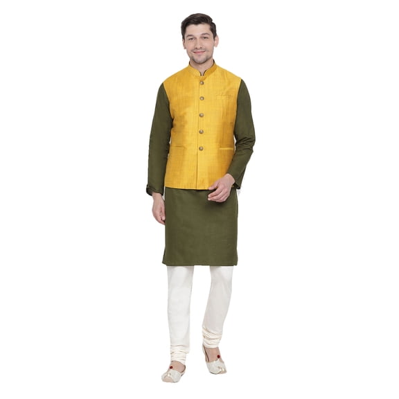 ELINA FASHION Men's Indian Cotton Kurta Pajama And Nehru Jacket (Waistcoat) Wedding Ethnic Diwali Puja Set
