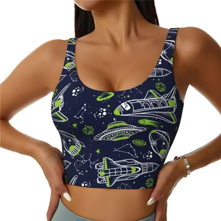 Jgfou Hand Drawn Rockets Print Womens Sports Bra - Padded Workout Sports Bras Crop Tank Top