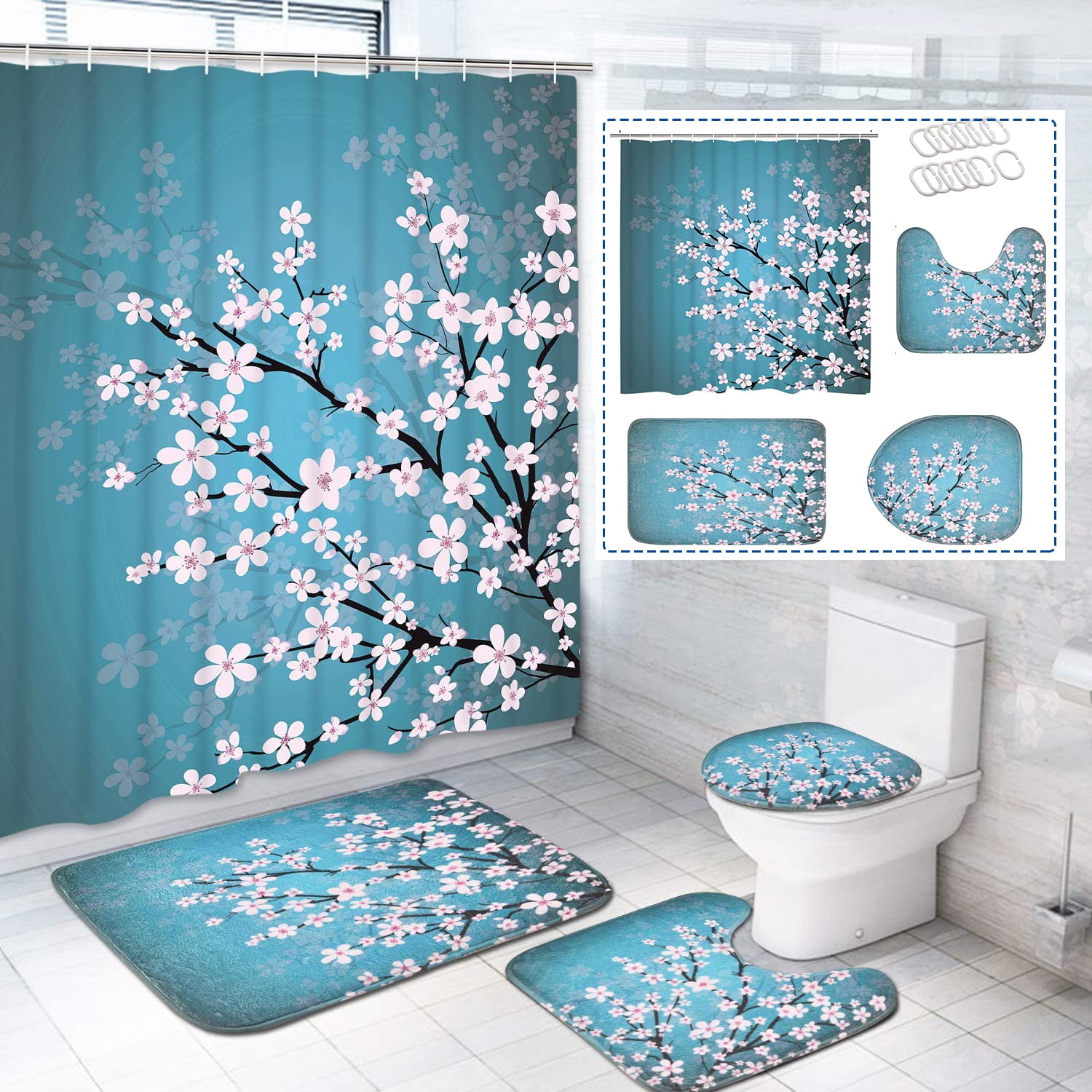 Seahorse Starfish Shell Shower Curtain Set Bath Toilet Pad Cover Bath Mat 