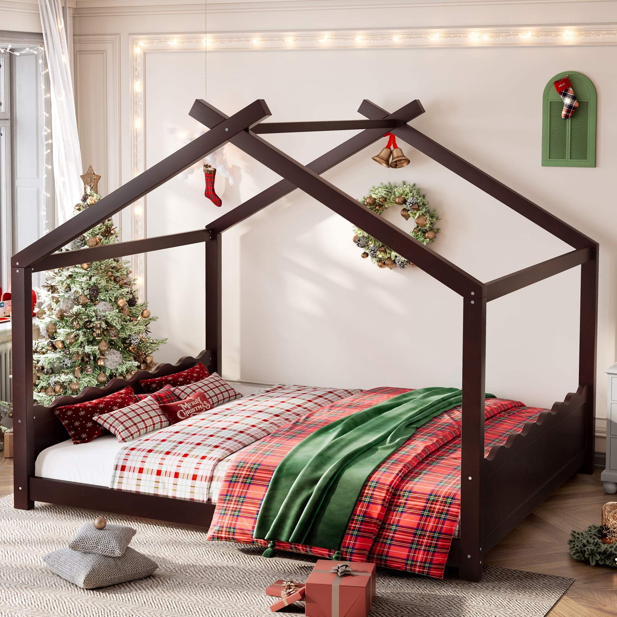 Leumius Queen Size House Shape Bed,Montessori House Bed Solid Wood Floor Bed for Kids,No Box Spring Needed,Espresso