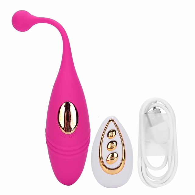 masajeador vibratorio para adultos con 10 modos, vibrador de control inalámbrico con carga usb para mujer, color rojo rosa — vista frontal centrada del masajeador de silicona rojo rosa con cuerpo curvo y punta flexible, botón metálico dorado y anillos texturizados en la base; control remoto blanco con tres botones dorados y cable de carga USB blanco sobre fondo neutro. Diseño impermeable y control remoto hasta 20 m según especificaciones.