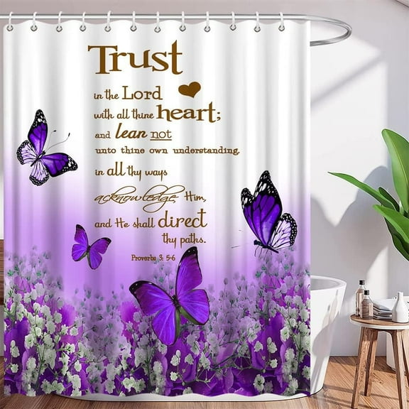 Inspirational Quote Trust in The Lord Shower Curtain Purple Flower Butterfly Motivational Words Elegant Nature Creative Modern Art Bathroom Decor Fabric Curtain with Hooks