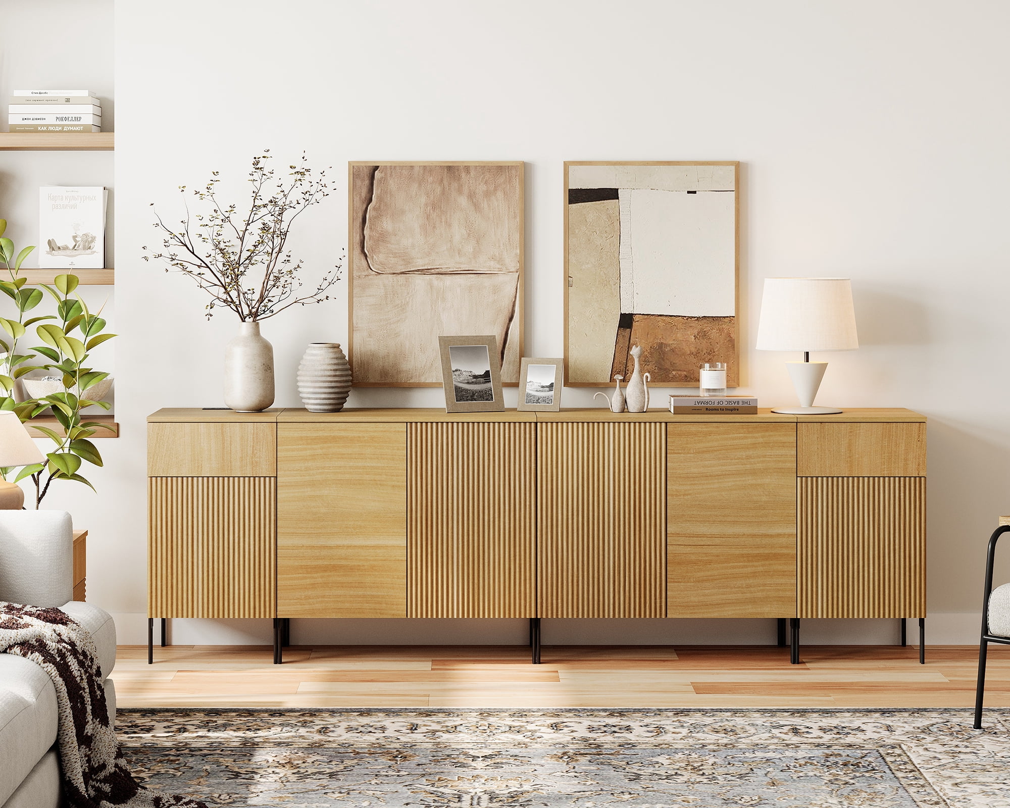 94.5" Reeded Accent Cabinet Set with Doors and Adjustable Shelves, Modern Credenza Storage Cabinet with Charging Station for Living Room, Kitchen, Dining Room, Hallway