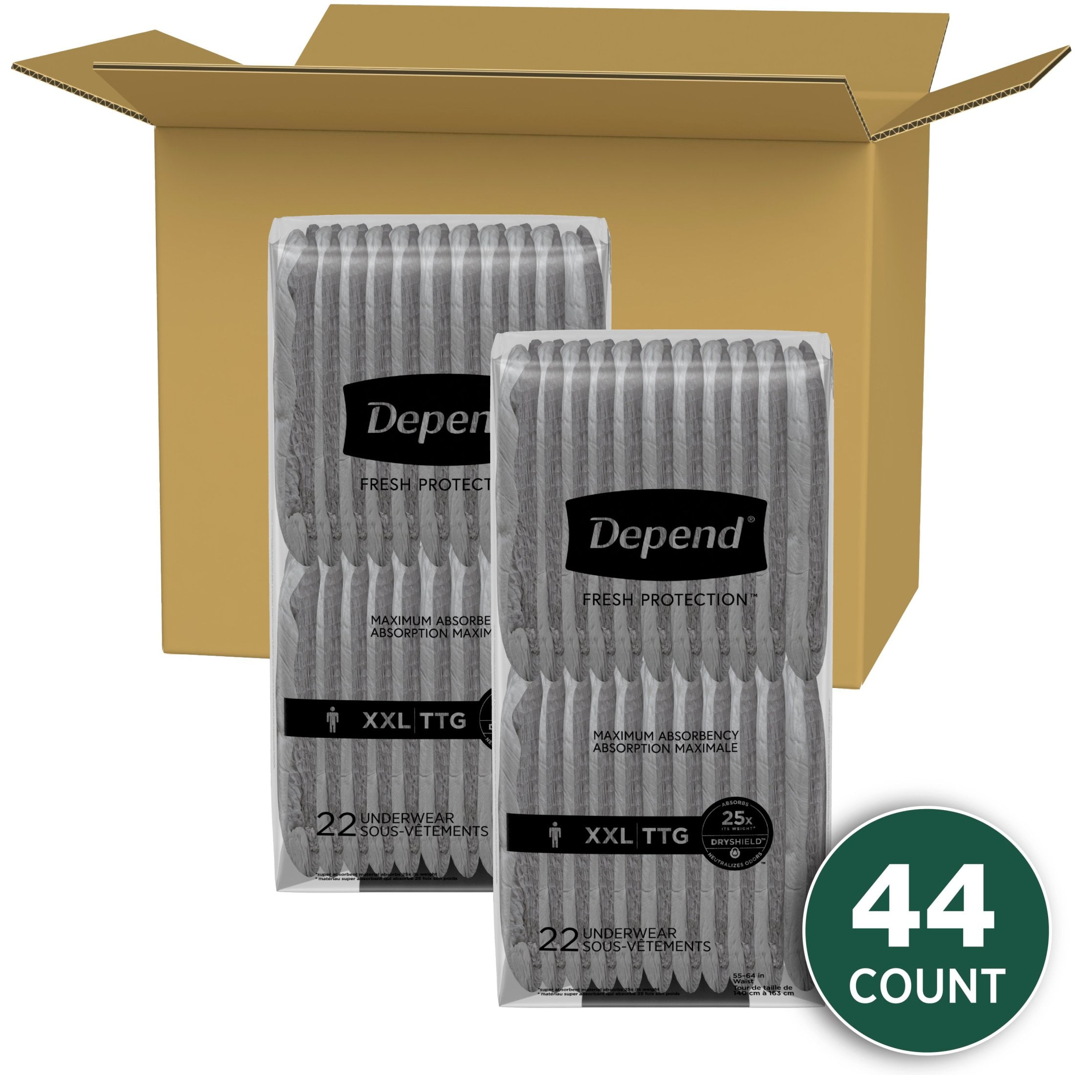 Depend Fresh Protection Adult Incontinence Underwear for Men, Maximum, XXL, Grey, 44 Count