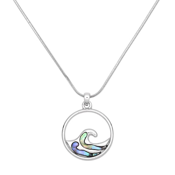 Ocean Wave Pendant Necklace Green Abalone Shell Rhodium Plated 17 Inch Snake Chain J1115