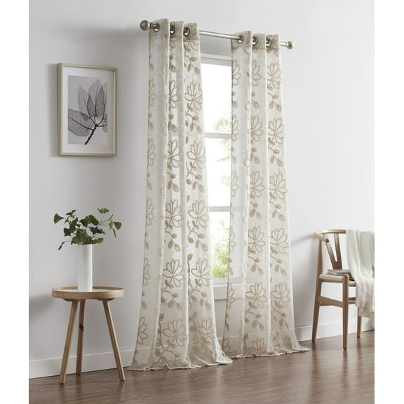 Dainty Home Rita Floral Embroidered Light Filtering Curtain 38 x 84 Inch 2 Panels, Linen