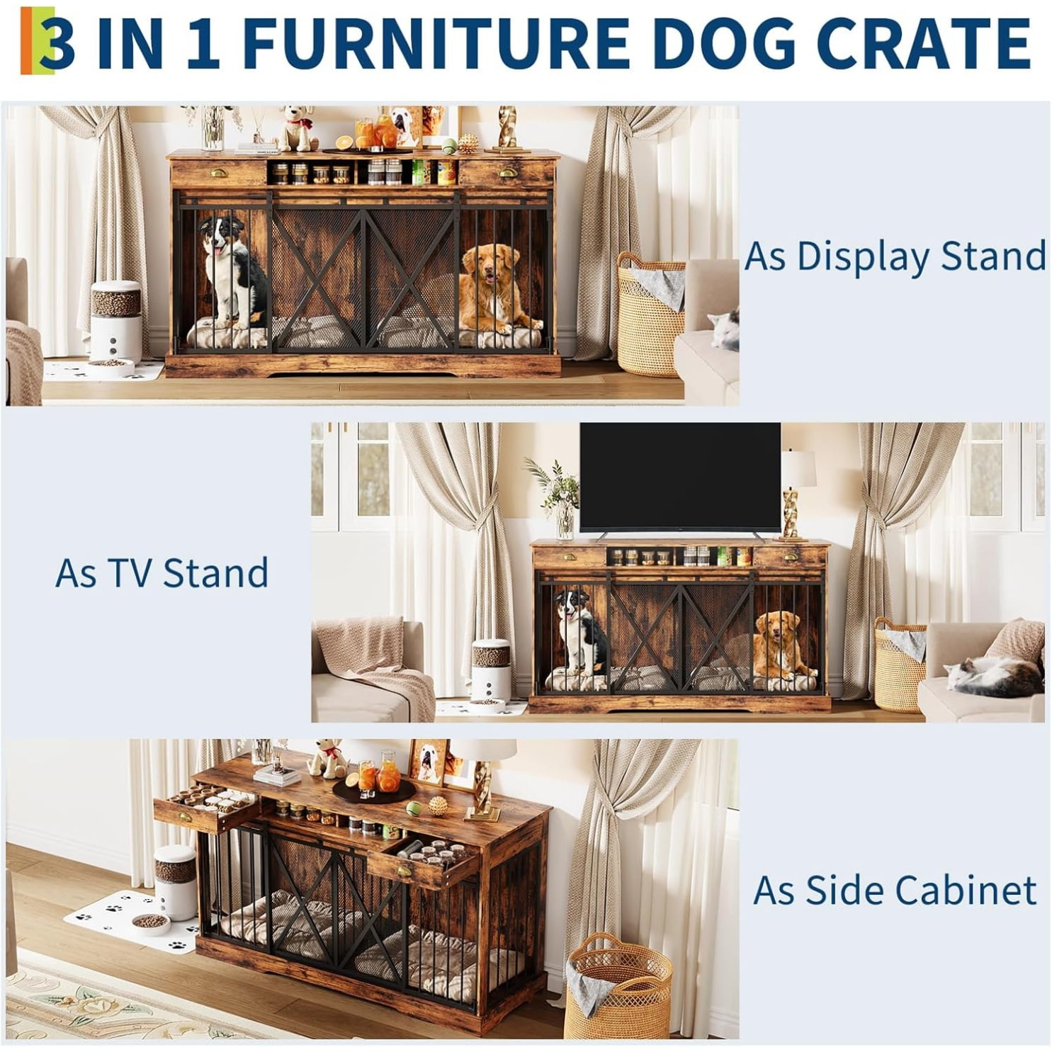 63'' Extra Large Double Dog Crate with Removable Divider, Heavy Duty Dog Kennel Furniture with 2 Drawers, Indoor Decorative Pet Cage TV Stand for 2 Pets