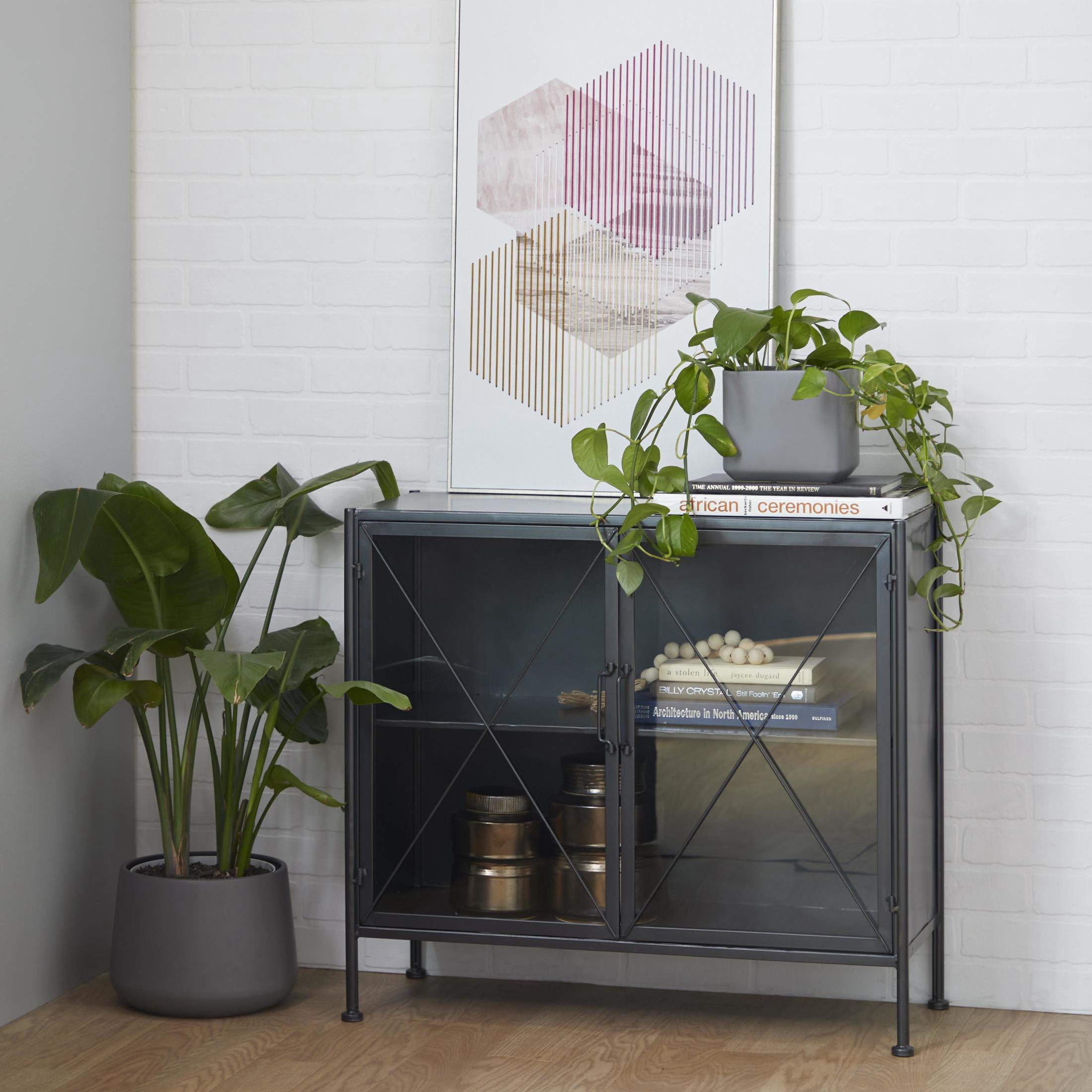DecMode 33" x 29" Black Metal 2 Door Geometric Cabinet with Glass Front Panels, 1-Piece