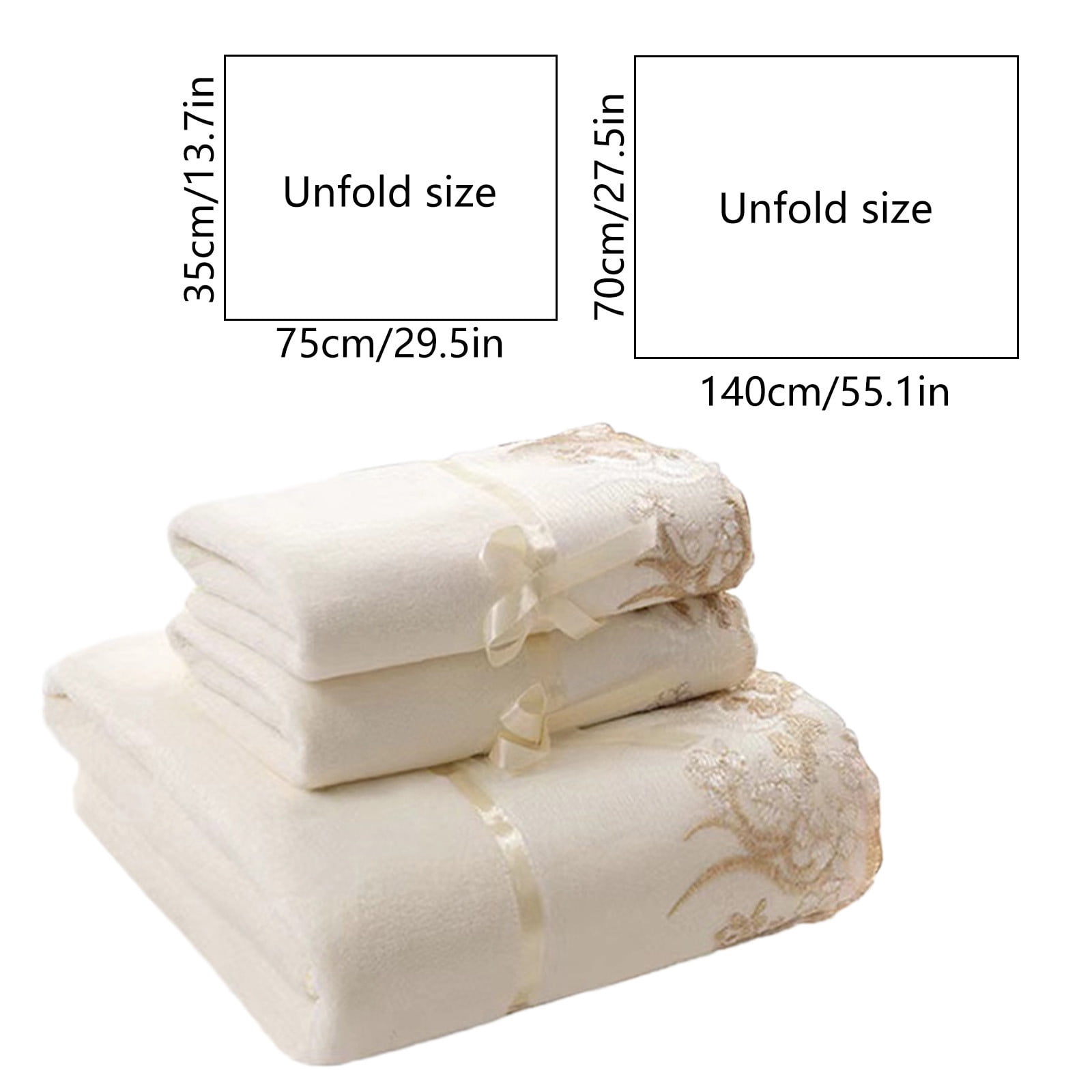 3-Piece Embroidered Bath Towel Set - Soft Absorbent Cotton Gift Towels with Lace Trim for Spa/Bathroom (White)​