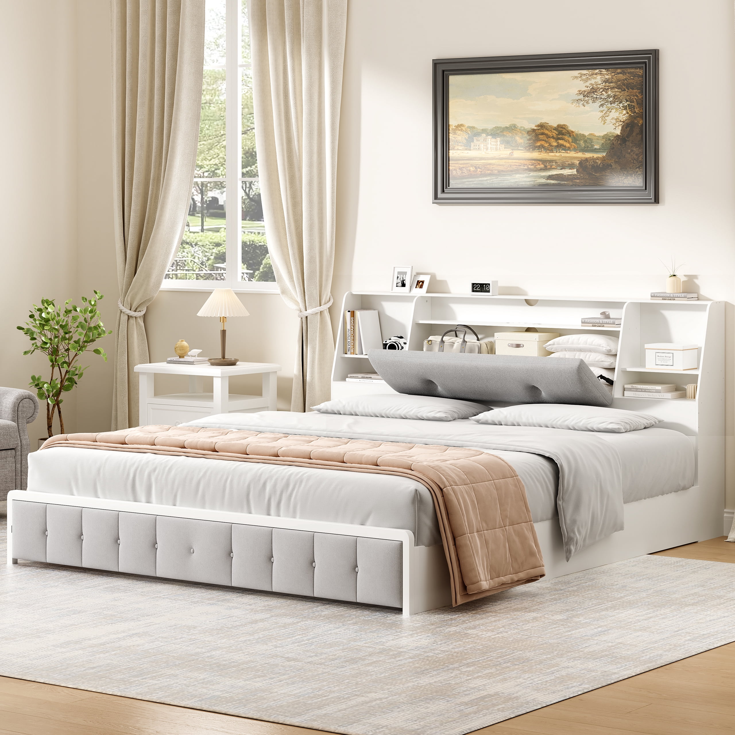 Someet 2 in 1 King Size Removable Upholstered Bookcase Headboard with 2 USB & 2 Type-C Port & Power Outlets & LED Light, White