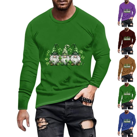 ZRGHAOYLQ Plus Size St. Patrick's Day Shirt Mens Big Tall Crewneck Long-Sleeve T-shirt Cute Shamrock Gnomies Pattern Shirt Plus Size Slim Fit Workout Shirts