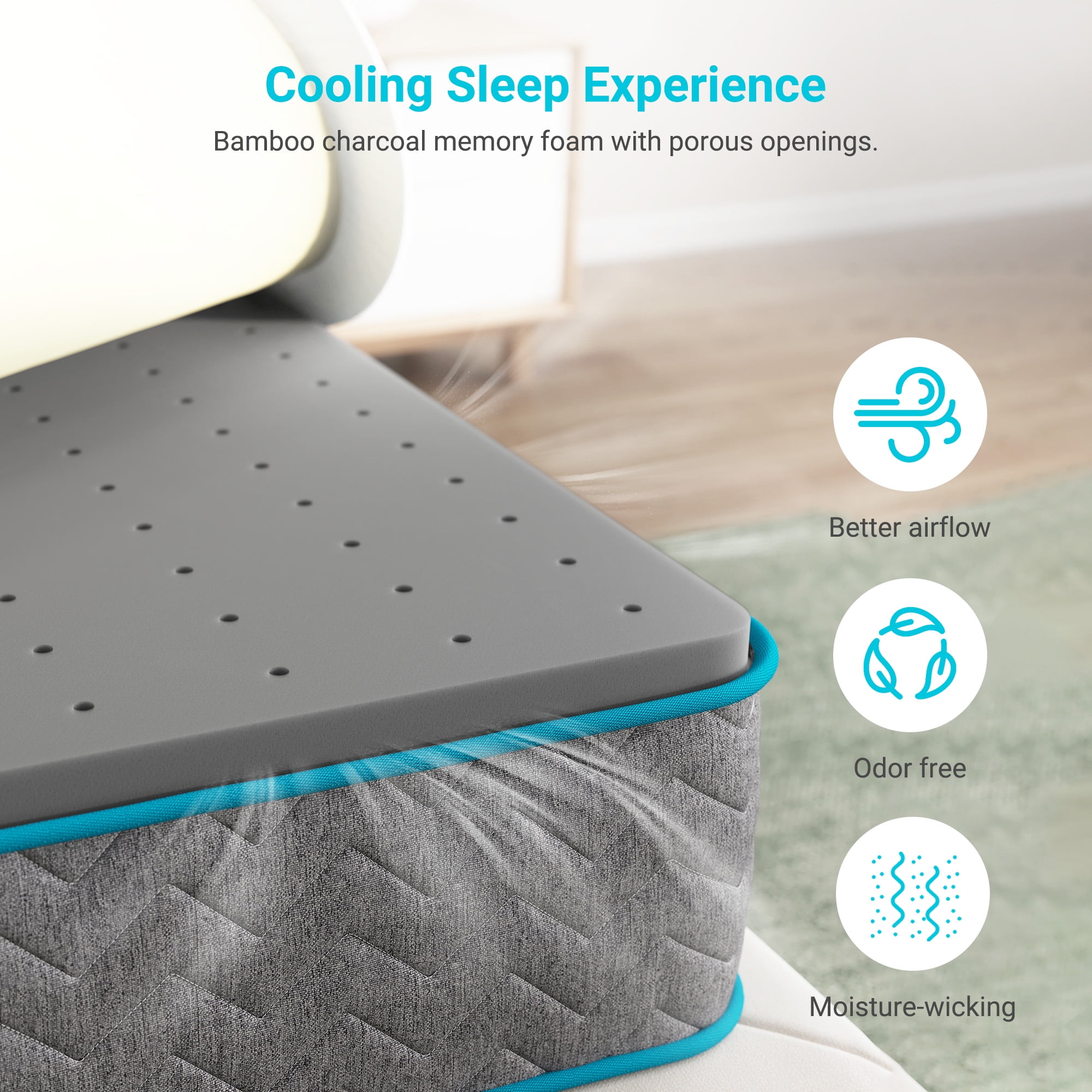 Serweet 10" Full Size Hybrid Mattress, Bamboo Charcoal Gel Memory Foam, 7-Zone Pocket Springs, Medium Firm