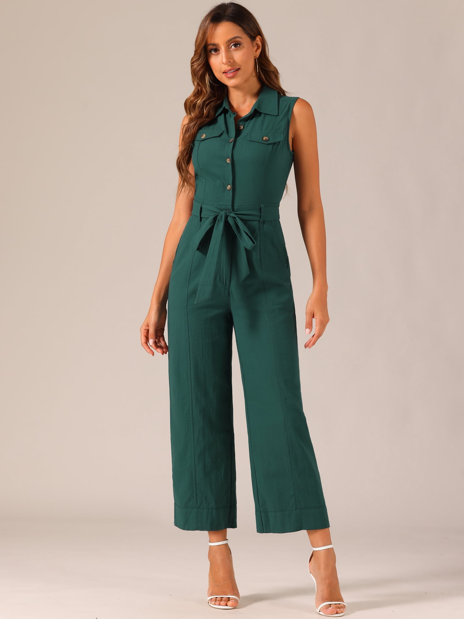 DARING DIVA Women's Wide Leg Sleeveless Collared Tie Waist Jumpsuit S Peacock Blue