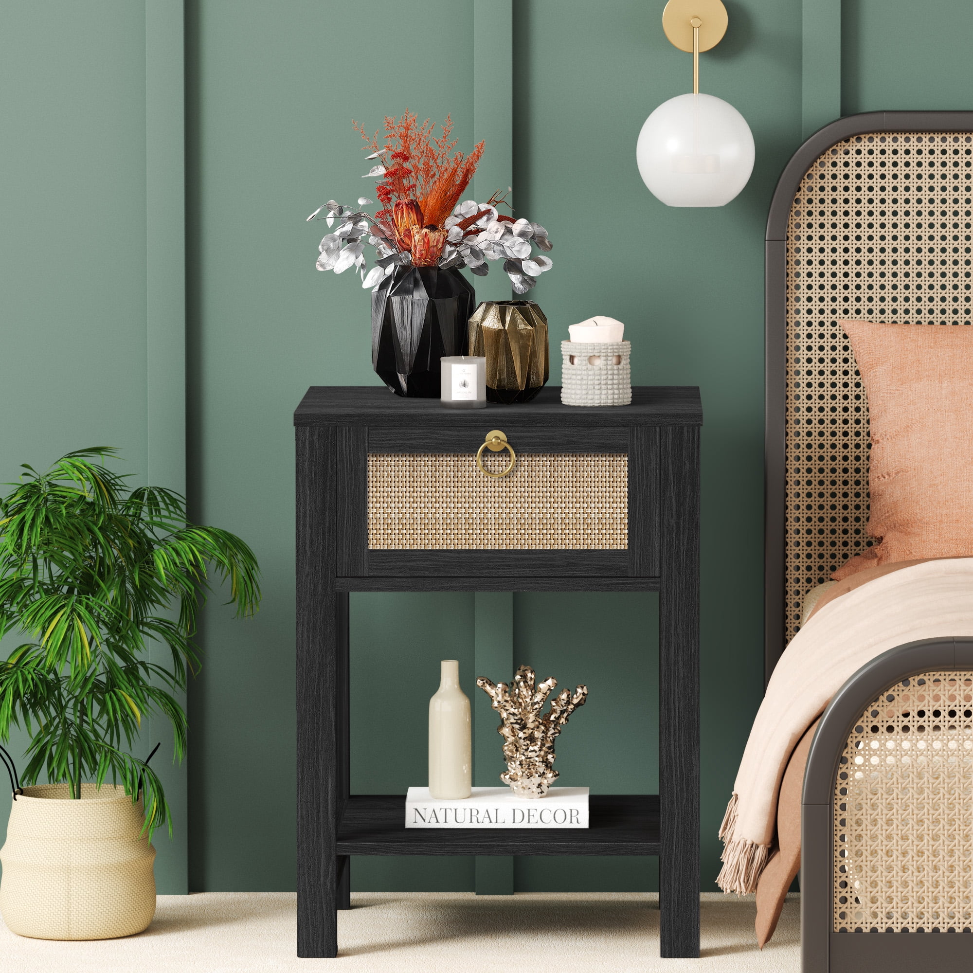 SICOTAS Rattan Nightstands Set of 2, Black Farmhouse Boho End Side Table with Drawers, Engineered Wood Accent Bedside Table for Bedroom, Living Room