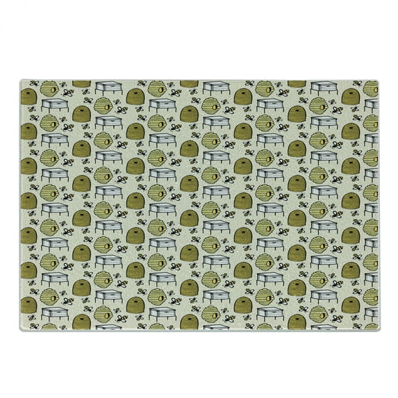 Bee Cutting Board, Caricature Beehives and Honey Bees Print Rural Agriculture Pollination Activity Theme, Decorative Tempered Glass Cutting and Serving Board, Small Size, Multicolor, by Ambesonne
