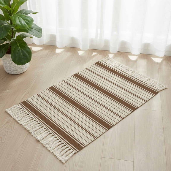 Farmhouse Stripe Pattern Boho Hallway Runner Rug 2x3ft, Kitchen Runner Rug Tassel Rugs, Brown Bands on Beige Linen Area Rugs Floor Carpet for Living Room Bedroom Entryway