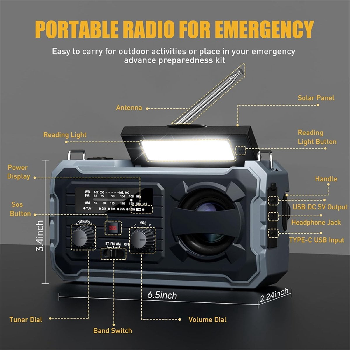 Emergency Weather Radio, 8000mAh Solar & Hand Crank Radio with AM/FM/NOAA, SOS Alarm, Phone Charger, for Outdoor & Home,1 * Radio,Grey