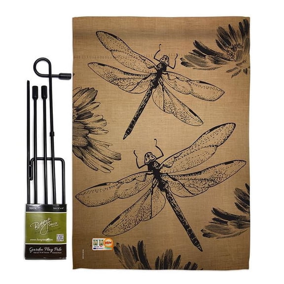 Breeze Decor BD-BG-GS-104001-IP-BO-D-US15-BD 13 x 18.5 in. Dragonfly Burlap Garden Friends Bugs & Frogs Impressions Decorative Vertical Double Sided Flag Set with Banner Pole