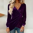thumbnail image 2 of Lenpel Women's Sequin Velvet Tops Long Sleeve Wrap V Neck Asymmetrical Hem Ruched Slim Dressy Casual Blouses Velour Tunic Shirts(Purple,Small), 2 of 6